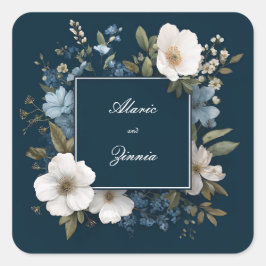 Adesivo Quadrado Azul Marinho Branco Anêmona Floral Moderno Quadro