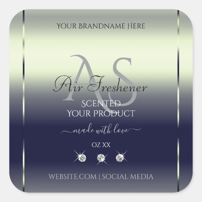 Adesivo Quadrado Azul Prata Shimmery Rótulo do Produto Joias Monogr (Frente)