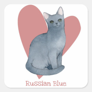 Adesivo Quadrado Azul Russo, Gatinho de Aquarela, Coração Rosa
