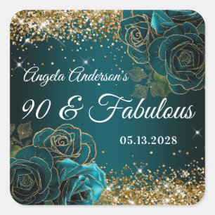 Adesivo Quadrado Azul Teal Floral Dourado Brilho Glam 90 & Fabuloso