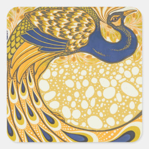 Adesivo Quadrado Azul Vintage e Plumas de Pavão Dourado Art Nouveau