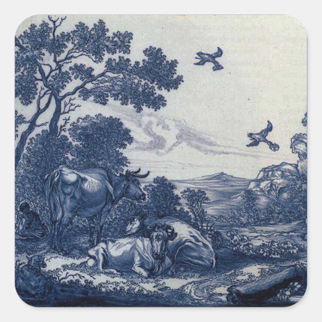 Adesivo Quadrado Azulejo Azul Delft - Bovinos e Aves (Frente)