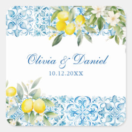 Adesivo Quadrado Azulejo Azul Mediterrâneo & Casamento de Limão