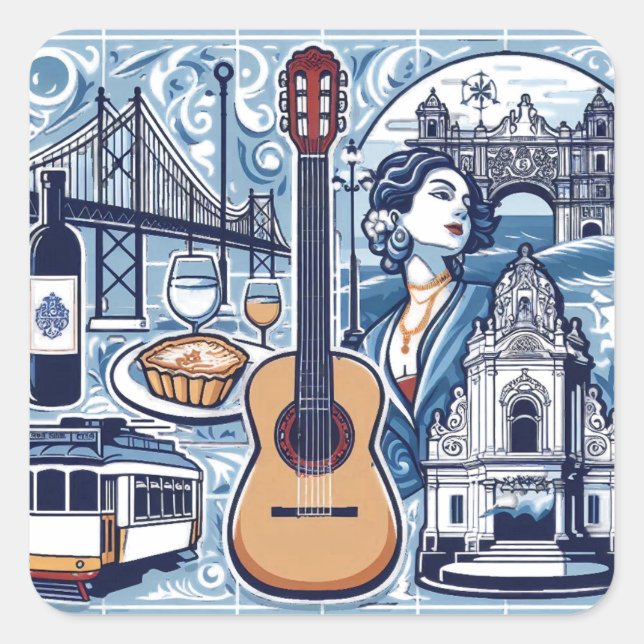Adesivo Quadrado Azulejo azul sobre Lisboa e cultura portuguesa (Frente)