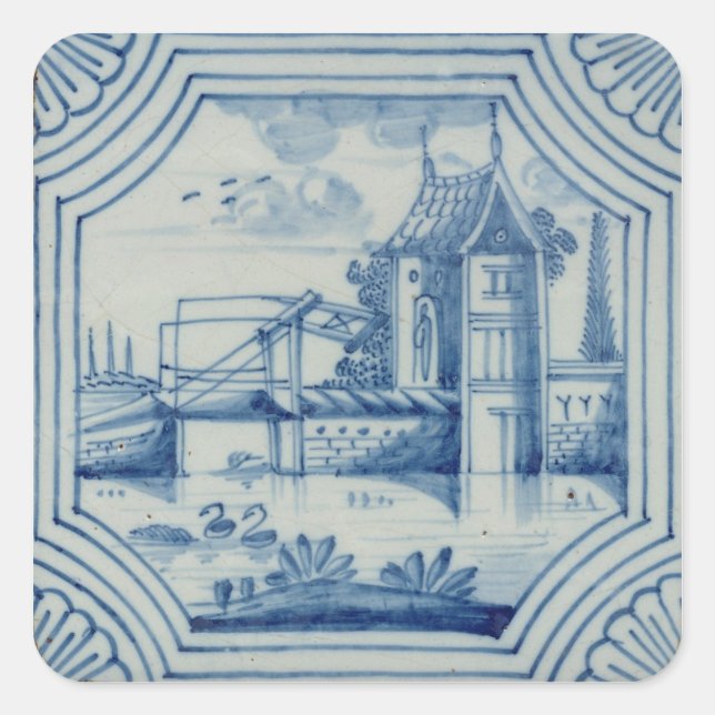 Adesivo Quadrado Azulejo Delft mostrando uma ponte de levante sobre (Frente)