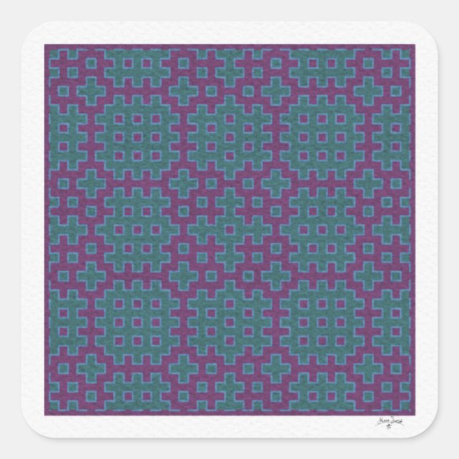 Adesivo Quadrado azulejo geométrico hitomezashi roxo e teal (Frente)