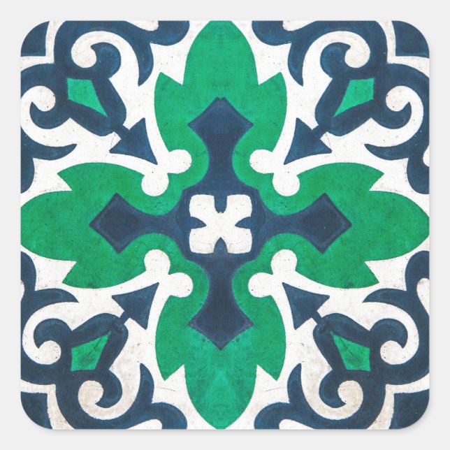 Adesivo Quadrado Azulejo Ornamental Damask Blue Green Swirl (Frente)