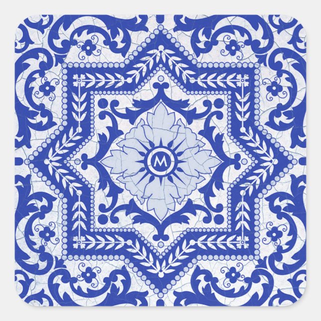 Adesivo Quadrado Azulejo Vintage, Estilo Cerâmico Rachado Azul (Frente)