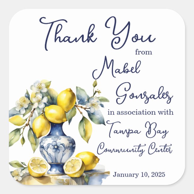 Adesivo Quadrado Azulejos azuis italianos limões favores de casamen (Frente)