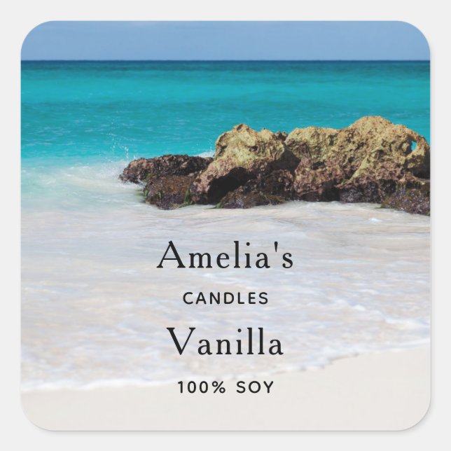Adesivo Quadrado Azure Ocean Sandy Beach Photo Candle Business (Frente)