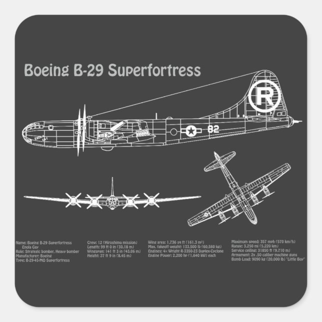Adesivo Quadrado B-29 Superfortaleza - Planos de Impressão de Avião (Frente)