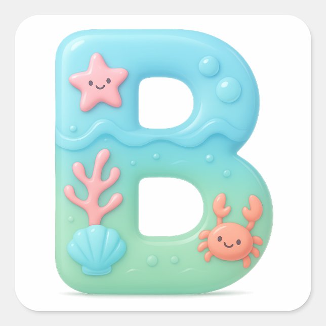 Adesivo Quadrado "B" Cute Bubble Letter - Underwater Sea Creature A (Frente)