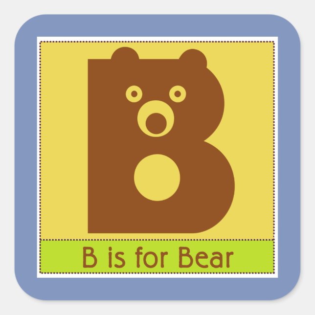 Adesivo Quadrado B É para Bear Animal Alphabet para Crianças (Frente)