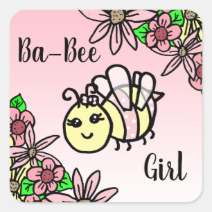 Adesivo Quadrado Ba-Bee Girl Honey Bee Flowers Chá de fraldas