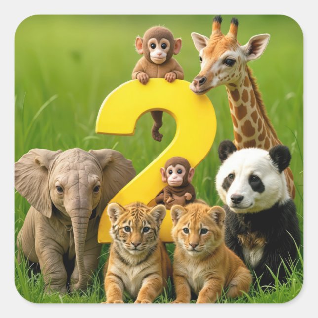 Adesivo Quadrado Baby African Animals With a Big Number Two (Frente)