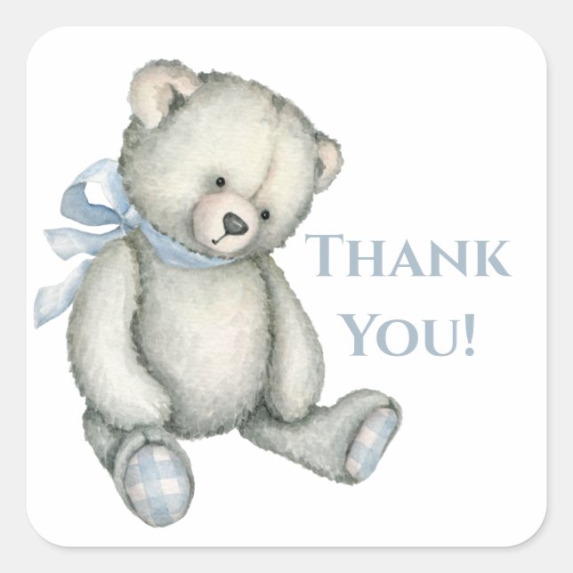 Adesivo Quadrado Baby Boy Blue Teddy Bear Watercolor Obrigado (Frente)