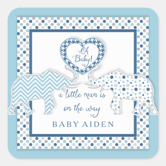 Adesivo Quadrado Baby Boy Elephant Themed Heart Chevron Art (Frente)