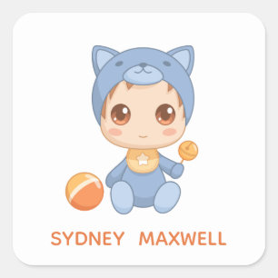 Adesivo Quadrado Baby Boy Girl Cat Nome Personalizado
