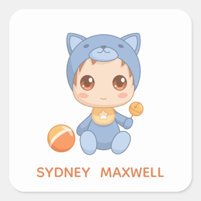 Adesivo Quadrado Baby Boy Girl Cat Nome Personalizado (Frente)