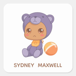 Adesivo Quadrado Baby Boy Girl Purple Bear Nome Personalizado