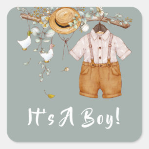 Adesivo Quadrado Baby Boy Greenery Botanical Boho    