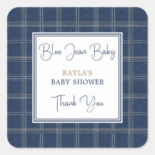 Adesivo Quadrado Baby de jeans azul Preppy de xadrez naval Obrigada