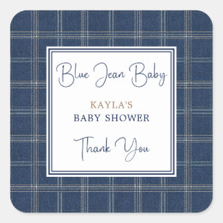 Adesivo Quadrado Baby de jeans azul Preppy de xadrez naval Obrigada