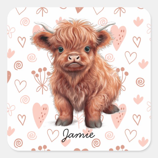 Adesivo Quadrado Baby Highland Cow Nome Personalizado (Frente)