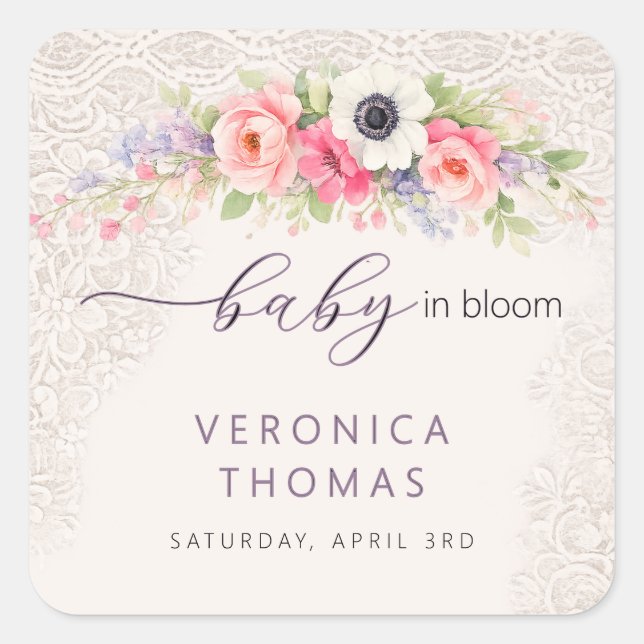 Adesivo Quadrado Baby in Bloom Sweet Floral Baby Shower (Frente)