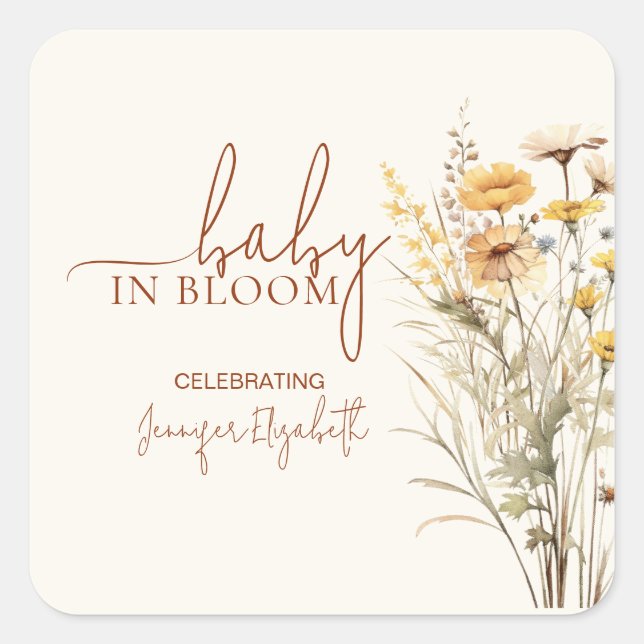 Adesivo Quadrado Baby in Bloom Wildflower Baby Shower (Frente)