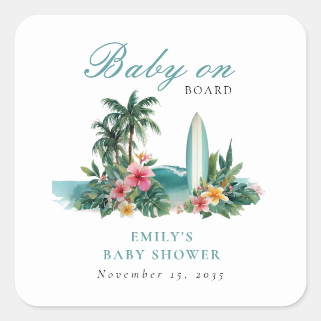 Adesivo Quadrado Baby On Board Surf Beach Baby Shower (Frente)