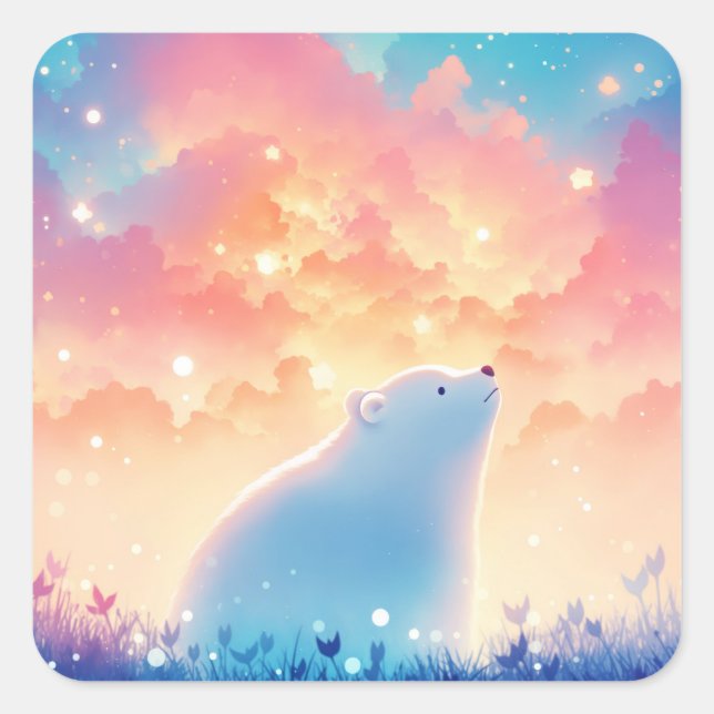 Adesivo Quadrado Baby Polar Bear Gazing at Shooting Star (Frente)