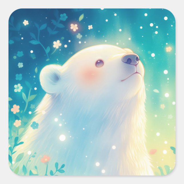 Adesivo Quadrado Baby Polar Bear Gazing Up in Sunlit Meadow (Frente)