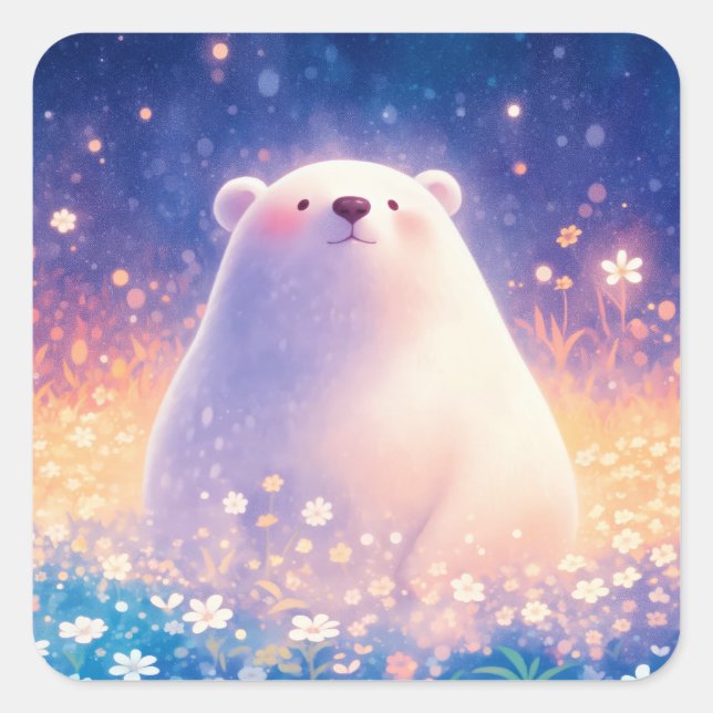 Adesivo Quadrado Baby Polar Bear in Meadow of Wildflowers (Frente)