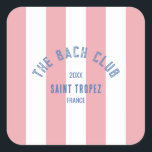 Adesivo Quadrado Bach Club Blue Crest Pink Cabana Stripe<br><div class="desc">As portas copos de papel do Bach Club são perfeitas para o tema do clube de praia. Listras de cabana cor-de-rosa com crista de bares personalizada e distante azul. Personalize com os detalhes da sua solteira... ano, praia e destino. Perfeito para sua solteira de destino ou favores de festa de...</div>