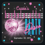 Adesivo Quadrado Bachelorette Neon Look Disco Retro, 70 anos<br><div class="desc">Faça uma viagem de volta aos anos 70 e festas no lado selvagem com esta bola retrorreflectora de discoteca "Bem-vindo" ao design de "Bachelorette Disco Party" rosa, azul elétrico e incluindo texto rosa e prateado com estrelas de tom rosa, azul e prateado (não folha de alumínio) — tudo sobre fundo...</div>