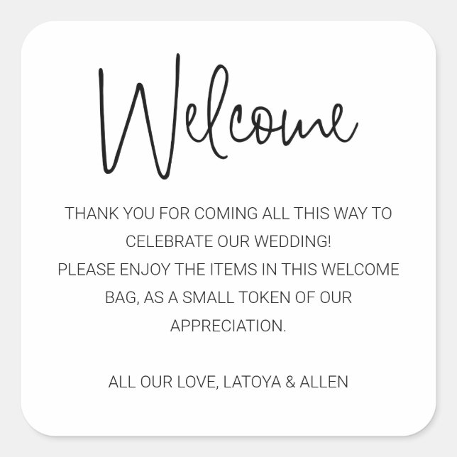 Adesivo Quadrado Bag Bag de Boas-vindas do Casamento Moderno (Frente)