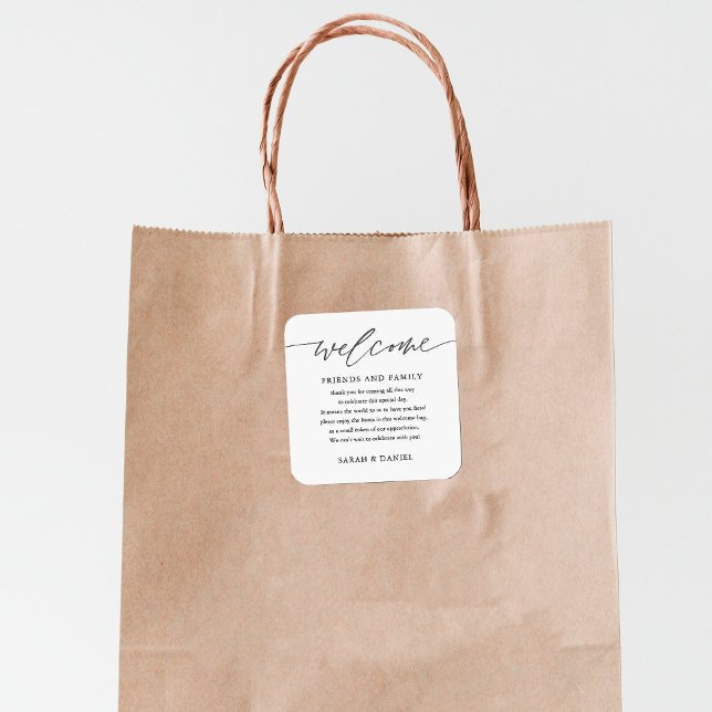Adesivo Quadrado Bag Basket de boas-vindas do casamento elegante (Criador carregado)