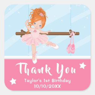 Adesivo Quadrado Bailarina de Cabelo Vermelho Rosa Aniversário Obri
