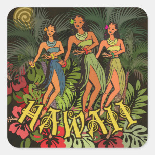 Adesivo Quadrado Bailarinas de Hula Havaianas Vintage Árvore de Pal