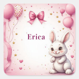 Adesivo Quadrado Balão de Aniversário Coelho Rosa 🐰