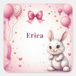 Adesivo Quadrado Balão de Aniversário Coelho Rosa 🐰