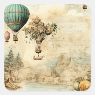 Adesivo Quadrado Balão de Vintage Ar Quente em Paisagem Serena (1)