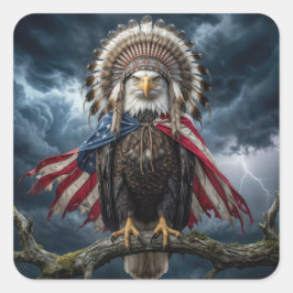 Adesivo Quadrado Bald Eagle With American Flag Cape and Headdress