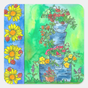 Adesivo Quadrado Baldes dos girassóis dos joaninhas de flores da