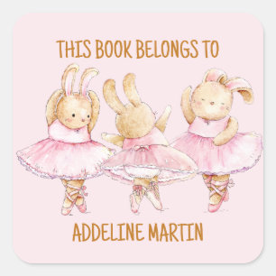 Adesivo Quadrado Ballerina Bunnies Dance Pink's Bookplate