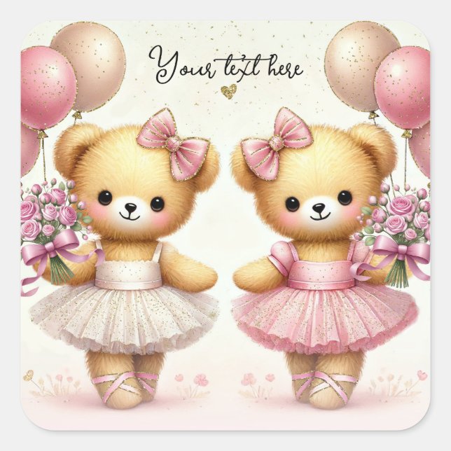 Adesivo Quadrado Ballerina Twinkle Toes Twin Bears Festa de anivers (Frente)