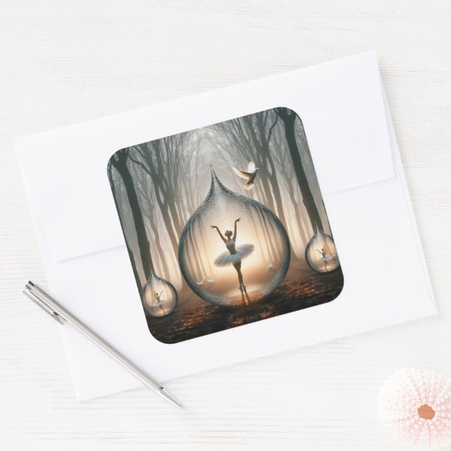 Adesivo Quadrado Ballerinas dançando em gotas d'água na floresta (Envelope)