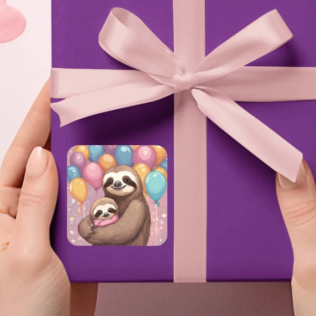 Adesivo Quadrado Balões cor-de-rosa de Chá de fraldas doce (sweet sloth baby shower favor stickers)