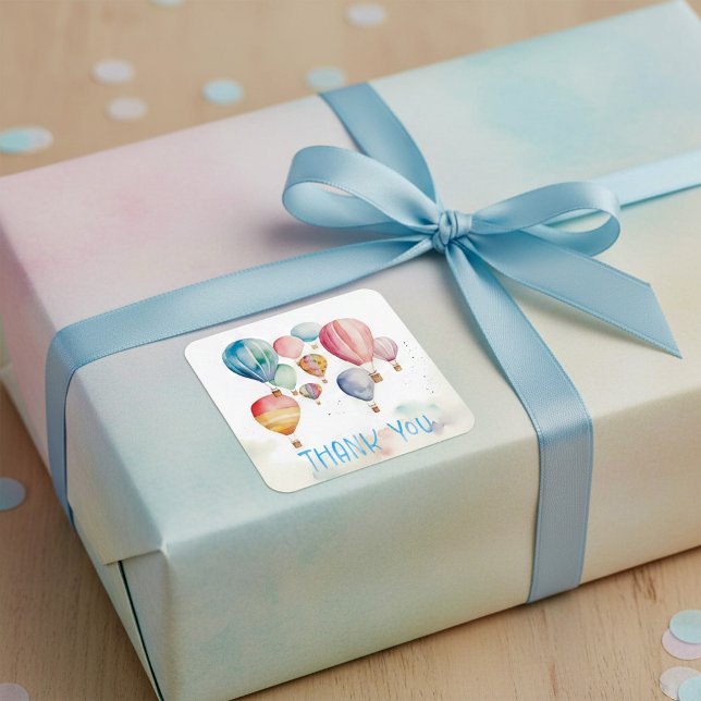 Adesivo Quadrado Balões de ar quente voadores de aquarela obrigado  (Watercolor flying hot air balloons blue thank you square sticker.)